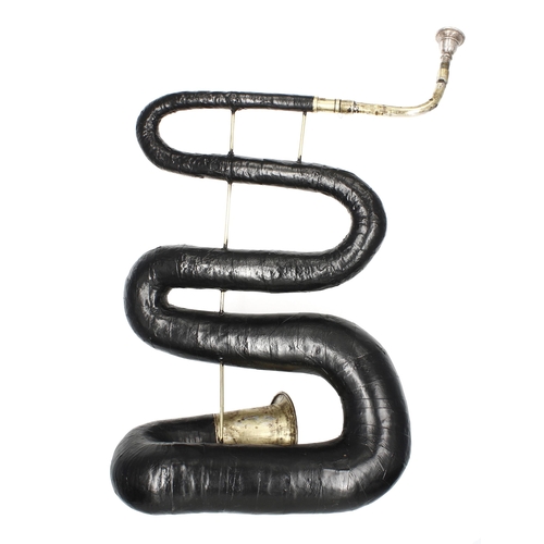 1864 - Unusual antique serpent, with leather bound raised tubing, brass bell and brass finger holes, with m... 