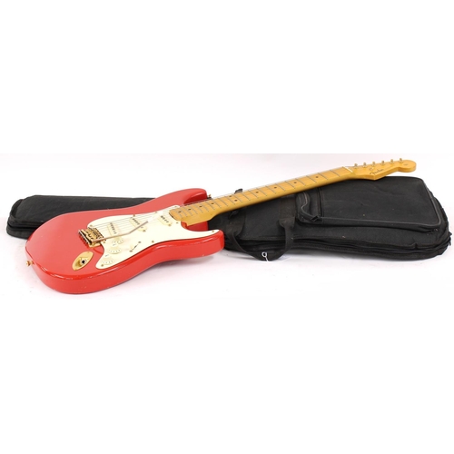 243 - Custom Build S Type electric guitar; Body: unknown red finished body, lacquer cracking, buckle marks... 