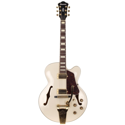 166 - 2014 Ibanez AF75TDG semi-hollow body electric guitar, made in China; Body: white finish; Neck: good;... 