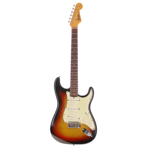 65 - 1965 Fender Stratocaster electric guitar, made in USA; Body: three-tone sunburst finish, light check... 