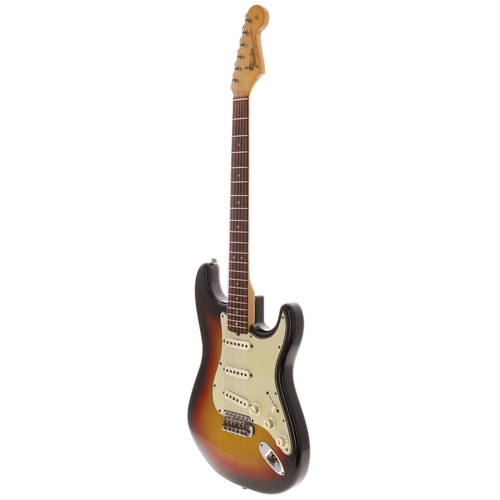 65 - 1965 Fender Stratocaster electric guitar, made in USA; Body: three-tone sunburst finish, light check... 