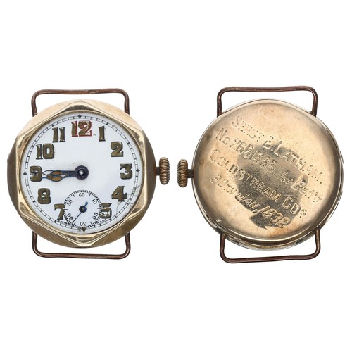 422 - Interesting early 9ct wire-lug wristwatch, the case back with inscription of Military interest and d... 