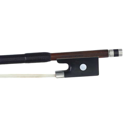 2230 - German nickel mounted violin bow by and stamped Rich. Geipel, the stick octagonal, the ebony frog in... 