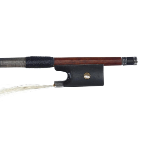 2236 - Silver mounted violin bow stamped S. Rosenberg on both sides of the handle, the stick round, the ebo... 