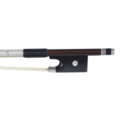 2239 - Nickel mounted violin bow circa 1900, unstamped, the stick round, the ebony frog inlaid with pearl e... 