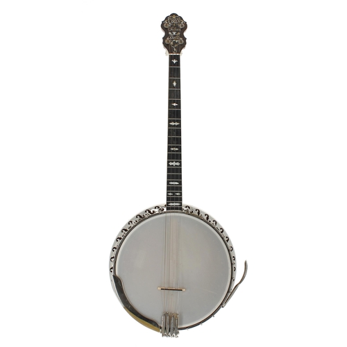 1565 - Bacon & Day Silver Bells four string banjo, bearing the maker's trademark stamps on the perch ro... 