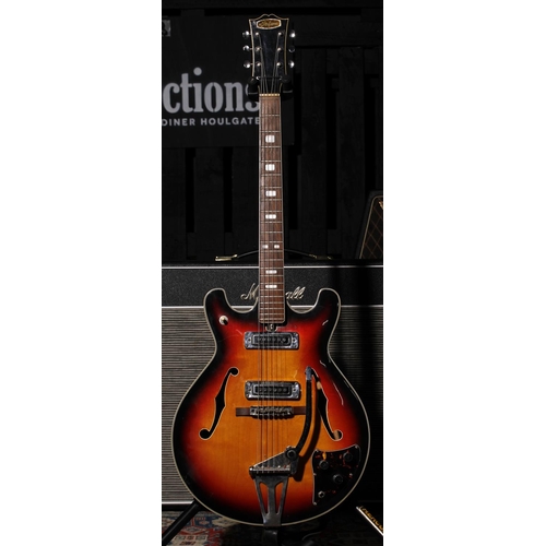 544 - 1970s Jedson semi-hollow body electric guitar; Body: sunburst finish, small vacant holes top, furthe... 
