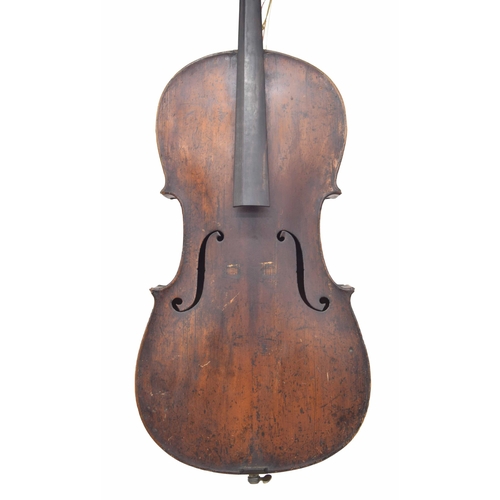 2517 - Interesting old violoncello with five ply purfling, unlabelled, the two piece back of very faint med... 