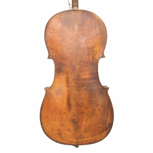 2517 - Interesting old violoncello with five ply purfling, unlabelled, the two piece back of very faint med... 