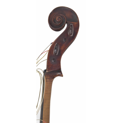 2517 - Interesting old violoncello with five ply purfling, unlabelled, the two piece back of very faint med... 