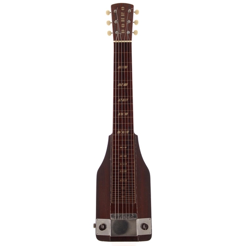 134 - 1940s Dobro lap guitar; Body: brown finish with lacquer checking and dings to edges; Electrics: work... 