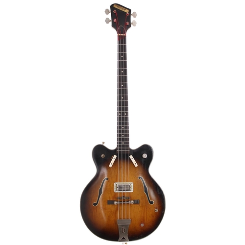 345 - 1963 Gretsch Country Gentleman hollow body bass guitar, made in USA; Body: sunburst finish, checking... 