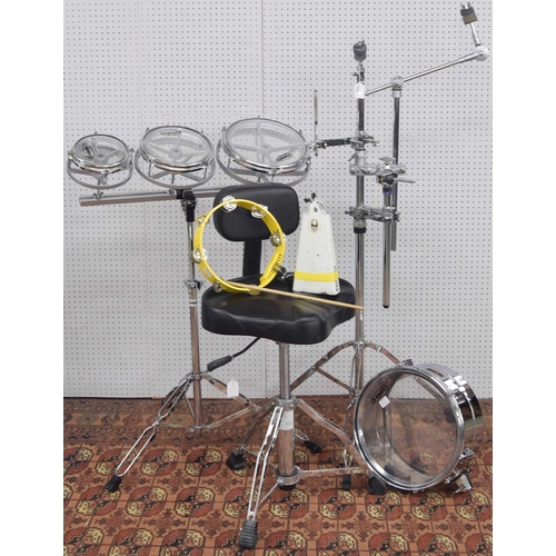 1569 - Various percussion related items: good large chrome percussion stand with folding legs, Millenium dr... 