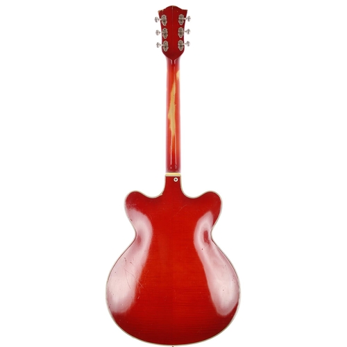 342 - Hofner Verithin hollow body electric guitar, made in Germany, circa 1963; Body: red finish, lacquer ... 