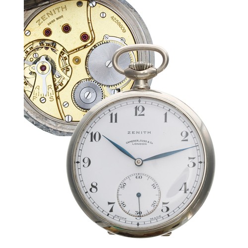 641 - Zenith nickel cased lever pocket watch, signed gilt frosted movement, no. 4258609, hinged cuvette, s... 