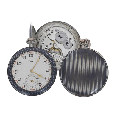 664 - Doxa niello white metal (0.800) lever dress pocket watch, signed movement, signed cuvette, signed si... 