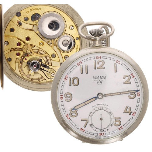 632 - Swiss nickel cased lever pocket watch, gilt frosted 15 jewel movement, Arabic numeral dial with thre... 