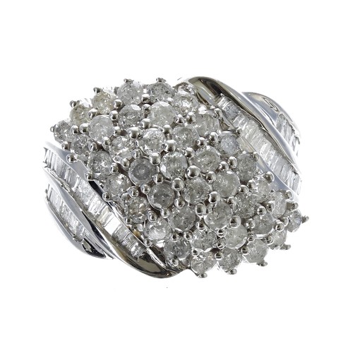 Fancy modern 9ct white gold diamond cluster ring, with round brilliant and baguette-cut diamonds, 2.04ct approx in total, width 16mm, 5.3gm, ring size J
