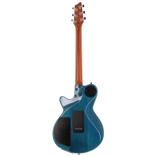 194 - 1990s Godin LGX3 electric guitar, made in Canada; Body: trans blue finish, blemishes and scuffs to e... 