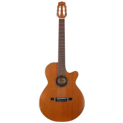 338 - 1987 Takamine EN-60C electro-acoustic nylon string guitar, made in Japan; Back and sides: mahogany, ... 
