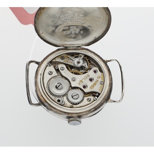 95 - Rolex silver wire-lug trench wristwatch, import hallmarks London 1928, circular silvered guilloche d... 