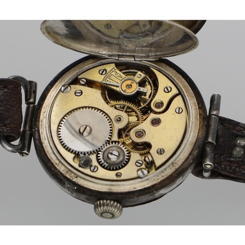 356 - Silver officers trench wristwatch, import hallmarks London 1922, circular enamel dial with Arabic nu... 