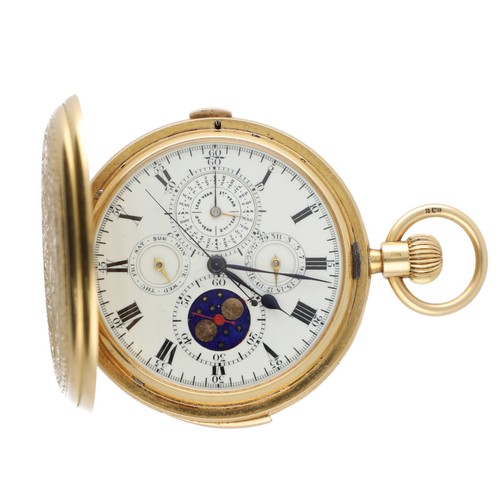 602 - Good 18ct minute repeating chronograph perpetual calendar hunter pocket watch with moon phase, Londo... 