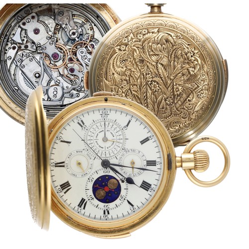 602 - Good 18ct minute repeating chronograph perpetual calendar hunter pocket watch with moon phase, Londo... 