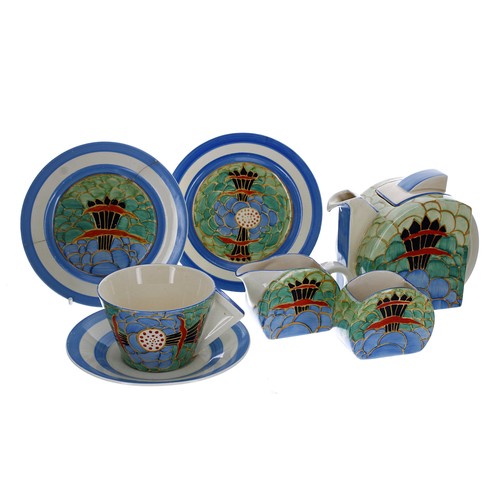 Clarice Cliff Bizarre 'Crest' pattern Stamford tea set, comprising teapot 4.75" high, jug, sucrier, conical tea cup with saucer and two side plates 6" diameter, all bearing Bizarre factory stamps to the undersides (one side plate with a stapled repair)