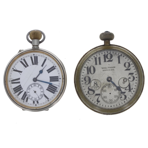 77 - Goliath nickel cased lever pocket watch for repair, 65mm; together with a Waltham Watch Co. 8 days n... 