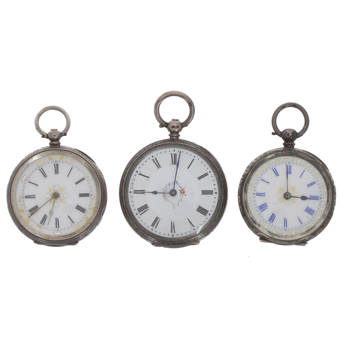 78 - Three silver cylinder engraved fob watches (two at fault)