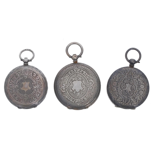 78 - Three silver cylinder engraved fob watches (two at fault)