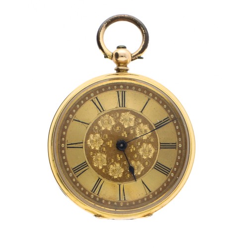 80 - Swiss 14ct cylinder engraved fob watch, gilt metal cuvette, 34.1gm, 37mm; with key