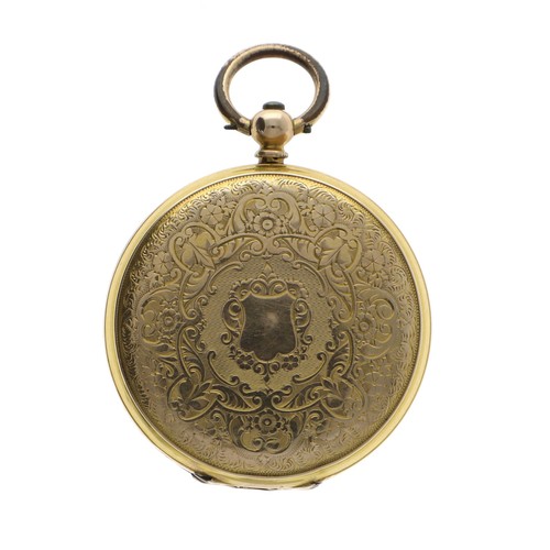 80 - Swiss 14ct cylinder engraved fob watch, gilt metal cuvette, 34.1gm, 37mm; with key