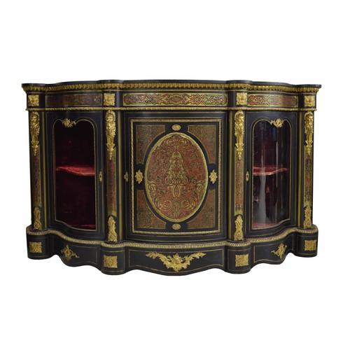 Impressive Victorian ebonised tortoiseshell boulle work serpentine credenza, with inlaid frieze panels over a central panelled door flanked by two serpentine doors (one lacking glass) enclosing baize lined shelved interiors, with gilt mask mounts, all raised on a plinth base, 83" wide, 22" deep, 47" high