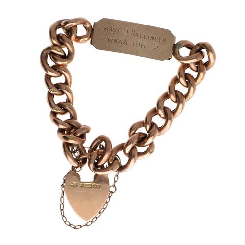 104 - 9ct rose gold curb and identity bracelet, with safety chain, 16.9gm