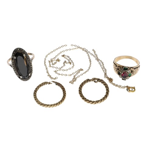 105 - Attractive antique 9ct gem-set ring (stone missing); with a 9ct bicolour smoky quartz and marcasite ... 