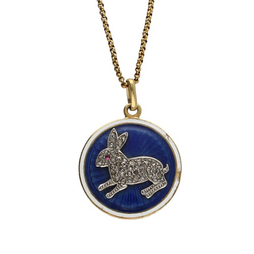 124 - Attractive 18ct guilloché enamel circular pendant, modelled with a rabbit set with rose diamonds and... 