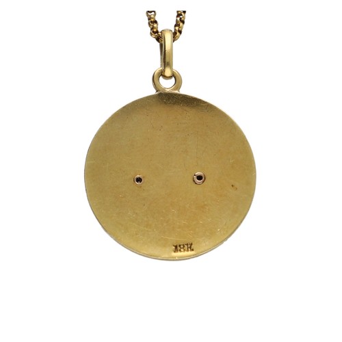 124 - Attractive 18ct guilloché enamel circular pendant, modelled with a rabbit set with rose diamonds and... 