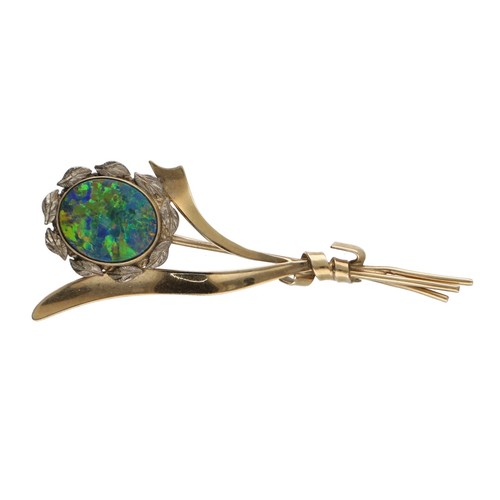 154 - Doublet black opal set spray brooch, stamped '10k', 3.9gm, 56mm