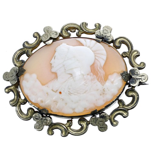 175 - Antique oval yellow metal cameo brooch, with two portrait profiles in a foliate scroll mount, 23.9gm... 