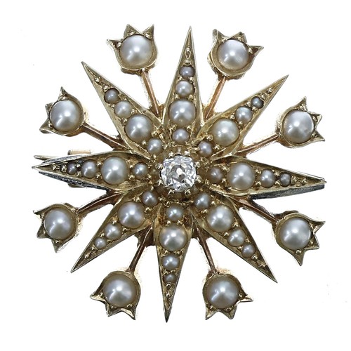 176 - Antique yellow metal old-cut diamond seed pearl star brooch, 4.1gm, 22mm