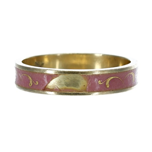 177 - 18ct yellow pink enamel band ring, width 4mm, 3.3gm, ring size M (enamel at fault); with a white met... 