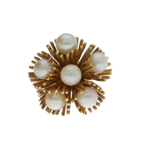 189 - Italian 18ct yellow gold cultured pearl set dress ring, with six pearls each 6mm approx, signed J.Ro... 