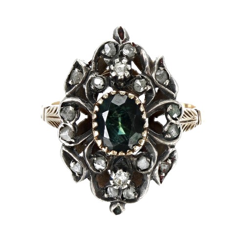 274 - Attractive antique gold and silver rough-cut diamond and green sapphire set cluster ring, with a rai... 