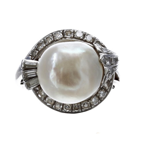 309 - Impressive 18ct white gold baroque pearl and diamond dress ring, the pearl 12mm approx, in a stylise... 