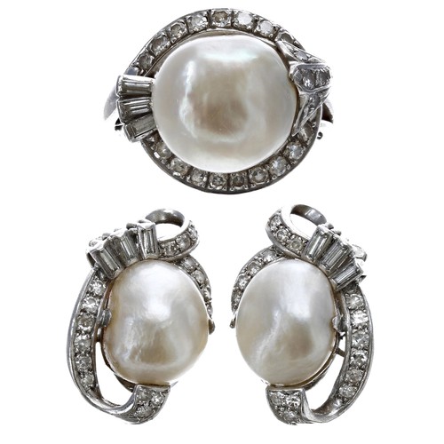 309 - Impressive 18ct white gold baroque pearl and diamond dress ring, the pearl 12mm approx, in a stylise... 