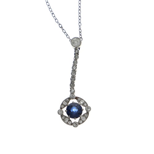 314 - Attractive antique platinum sapphire and diamond necklace, the old-cut sapphire 0.60ct approx, in a ... 