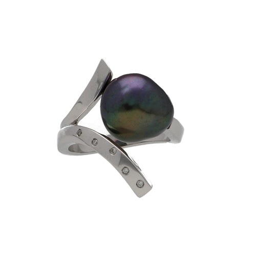 211 - Modern 18ct white gold Tahitian cultured pearl and diamond set dress ring, the pearl 12mm, 9.4gm, ri... 