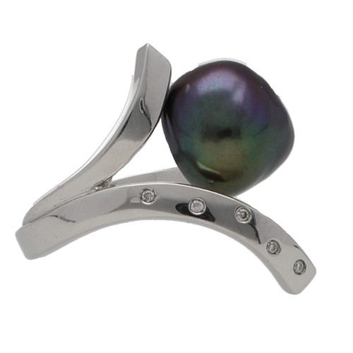 211 - Modern 18ct white gold Tahitian cultured pearl and diamond set dress ring, the pearl 12mm, 9.4gm, ri... 